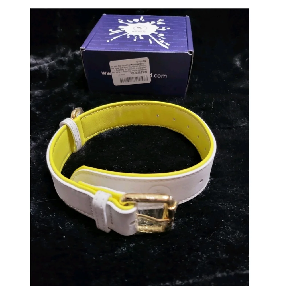 Herohound Leather Dog Collar medium White Yellow NWT